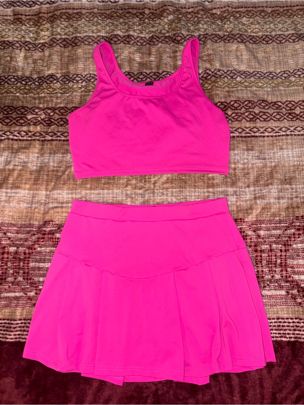 Neon Pink Pleated Skirt Set - Matching Crop Tank and Skirt